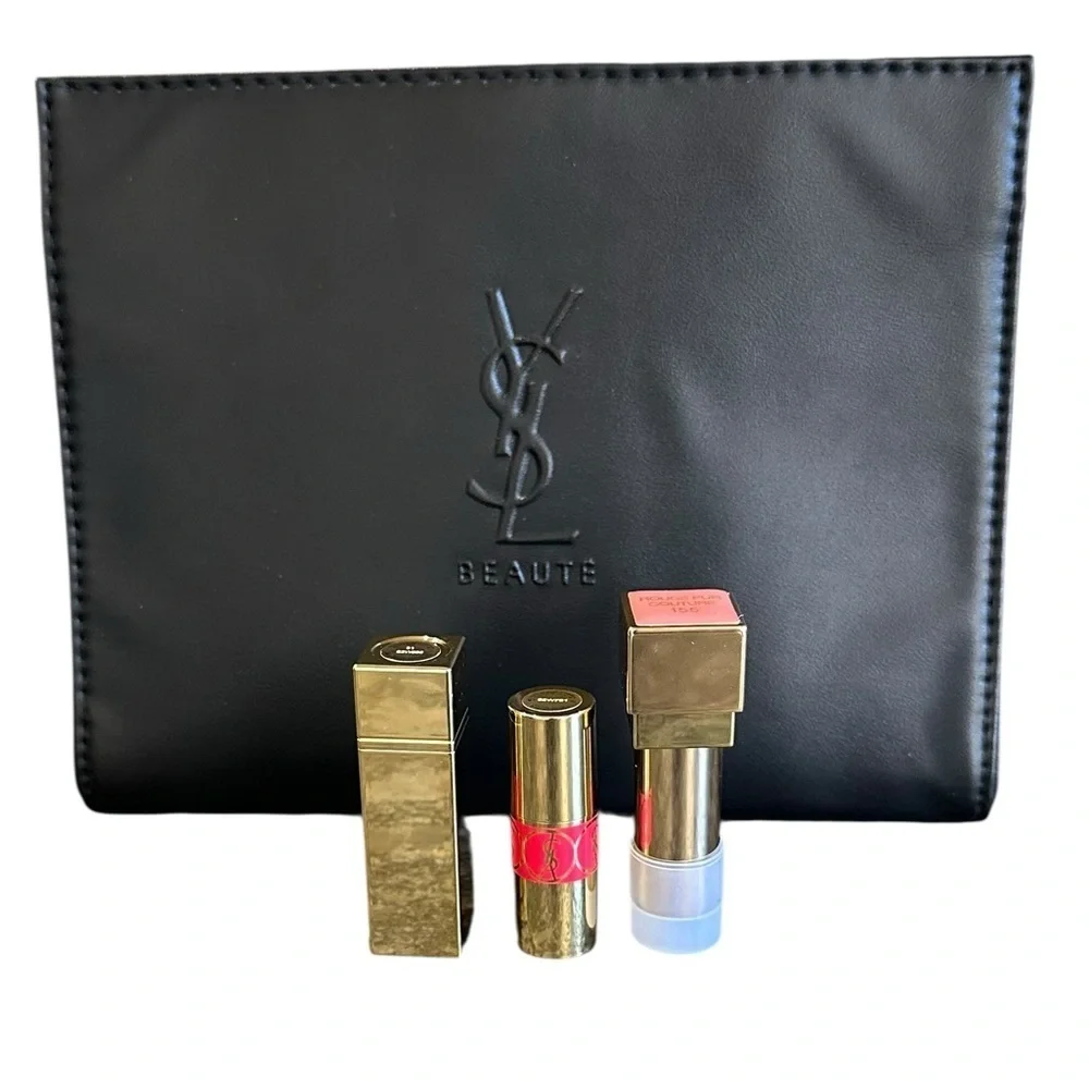 YSL Cosmetic Bag NWOT & 3 YSL Lipsticks NIB Rouge Pur Couture